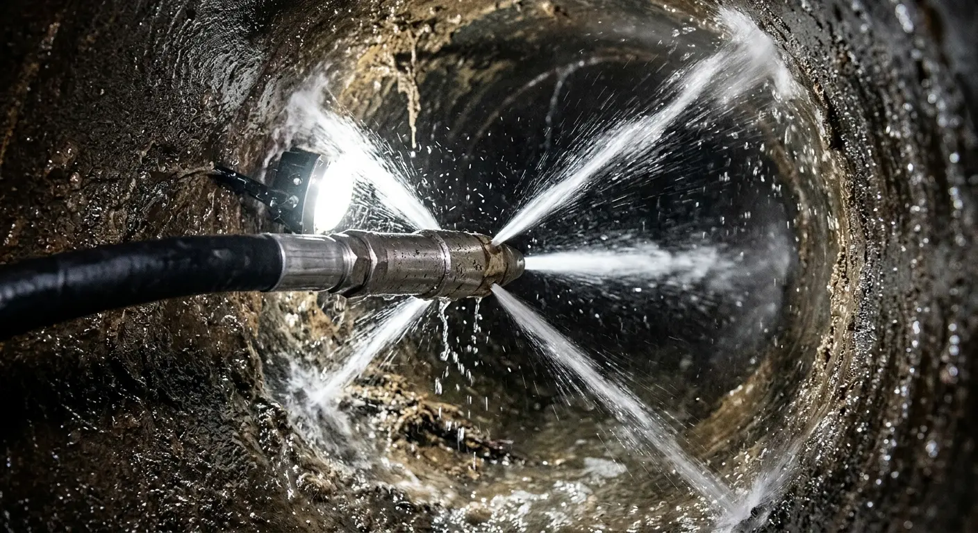 High-pressure hydro jetting nozzle cleaning sewer pipe for Emergency Drain Service in Johnstown